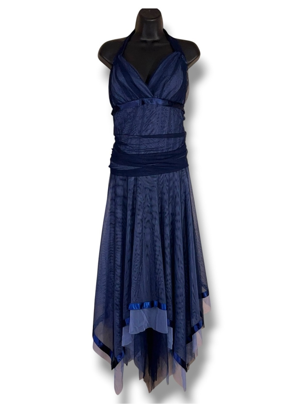 Y2K Era Size 18 Masquerade Navy Blue Sleeveless Halter Dress Sweetheart Neck